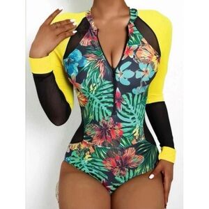 Tropical Floral Neon Long-Sleeve Zip-Up Rashguard Sporty One Piece Swimsuit